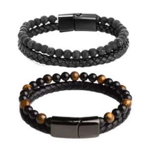 Histone Natural Agate Stone Leather Beaded Bracelet