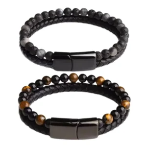 Histone Natural Agate Stone Leather Beaded Bracelet