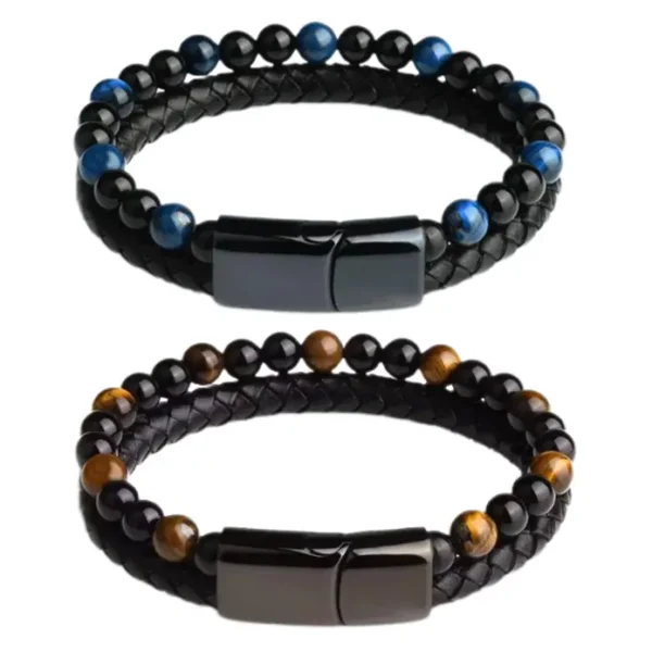 Histone Natural Agate Stone Leather Beaded Bracelet