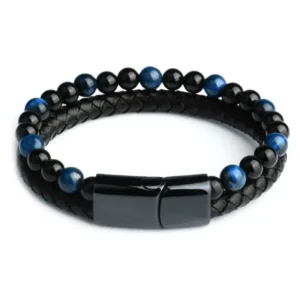 Histone Natural Agate Stone Leather Beaded Bracelet