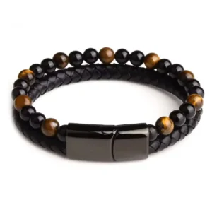 Histone Natural Agate Stone Leather Beaded Bracelet